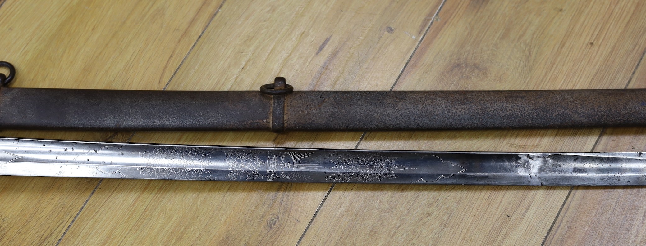 A Victorian 1821 pattern Hawkes & Co sword and scabbard, 104cm total length